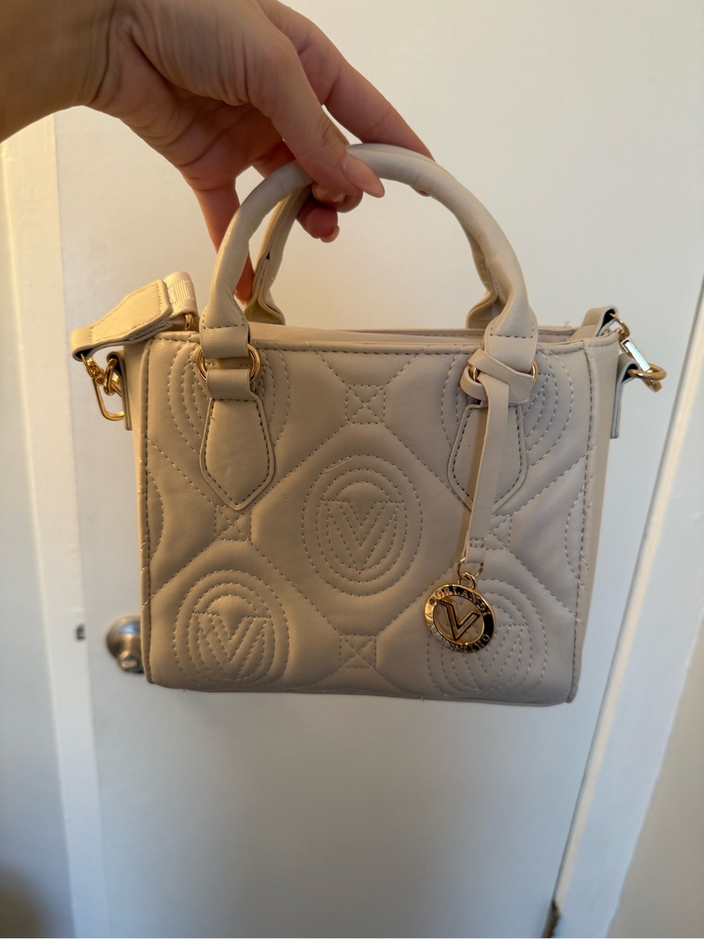 Cream Quilted Top-Handle Women’s Bag with Gold Charm